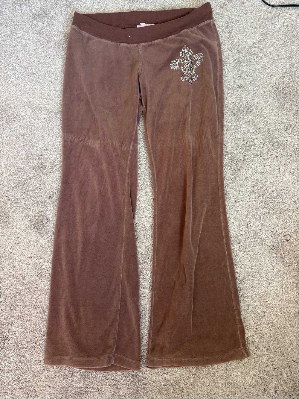 Brown Velour Flared Lounge Pants with Rhinestone Fleur-de-Lis